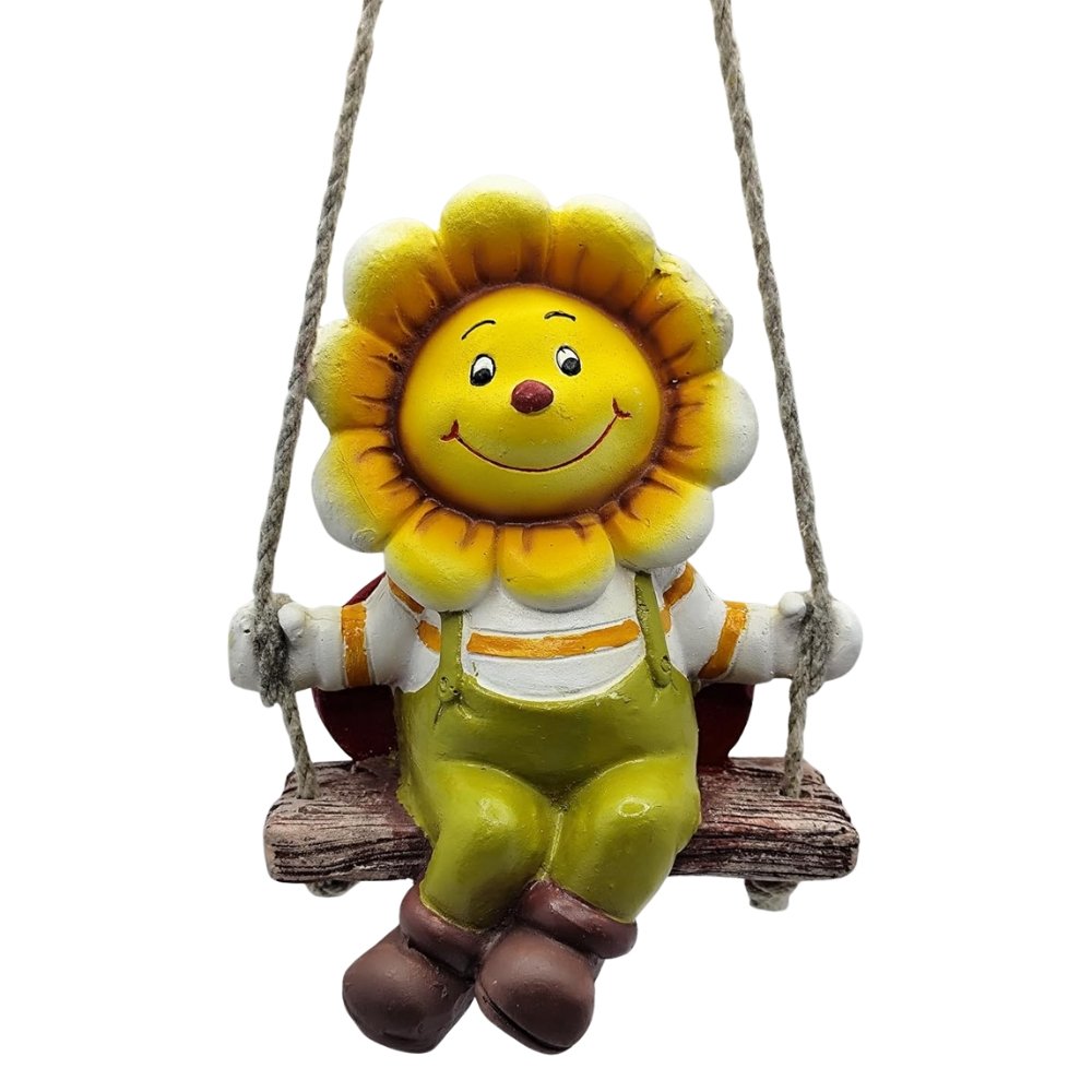 DD1.jpg Whimsical Sunflower on a Swing Figurine - Happy Yellow Flower Garden Statue - Hanging Resin Patio, Porch & Home Decor Gift - Image 1