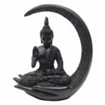 Black Buddha on Moon Statue - Decorative Resin Idol with Crescent Moon Back for Zen, Meditation, Home Altar & Modern Spiritual Decor